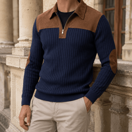 Ribbed Quarter Zip Sweater With Elbow Patches - Harren Cole