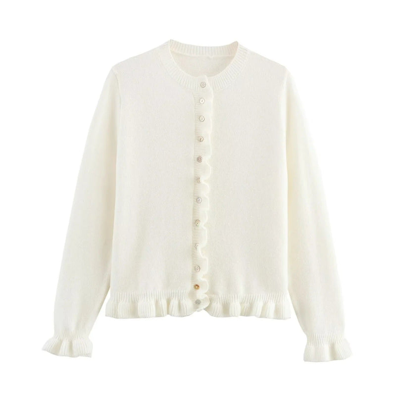 Rüschenbesetzter Damen - Cardigan mit Knöpfen, schickes Lagen - Oberteil - Livezo