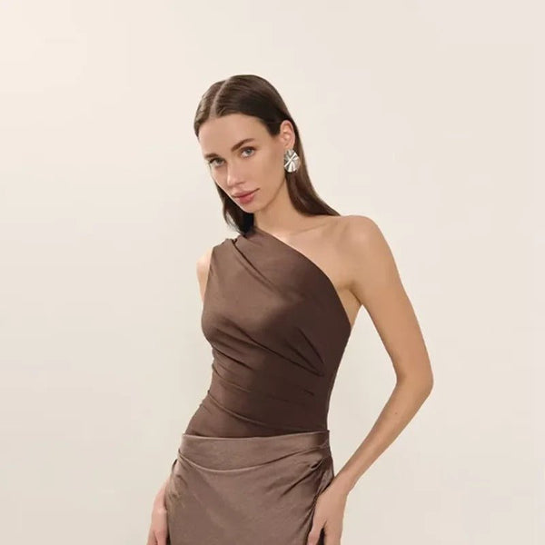 Satin Maxikleid mit einer Schulter, gerafftem Patchwork - Livezo