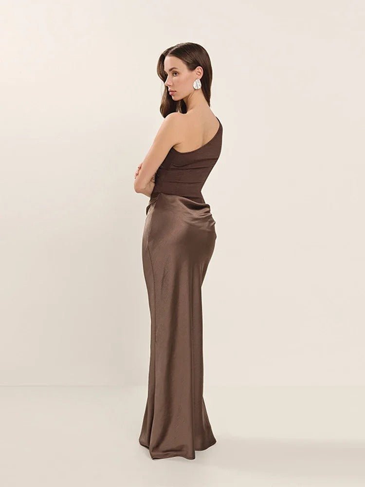 Satin Maxikleid mit einer Schulter, gerafftem Patchwork - Livezo