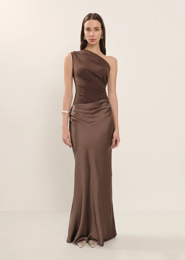 Satin Maxikleid mit einer Schulter, gerafftem Patchwork - Livezo