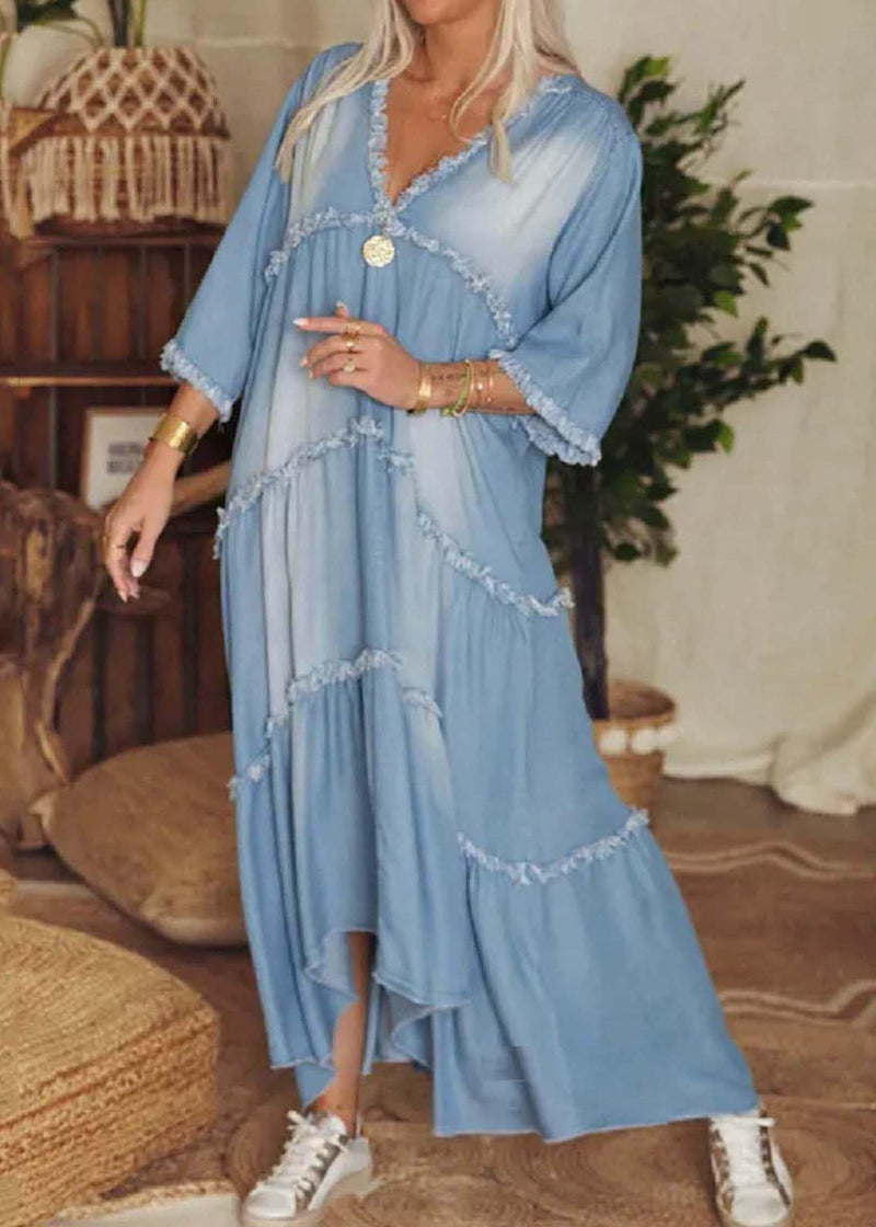 Schickes marineblaues V - Ausschnitt Patchwork - Jeanskleid mit Quasten - Livezo