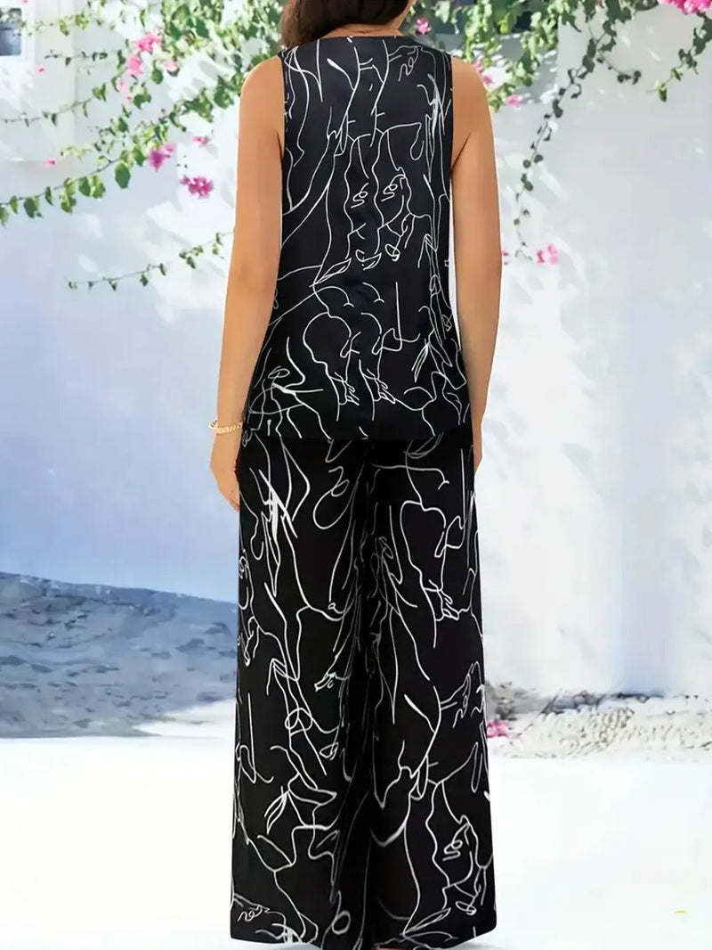 Set aus Oberteil mit abstraktem Druck und Rundhalsausschnitt sowie Hose - Livezo