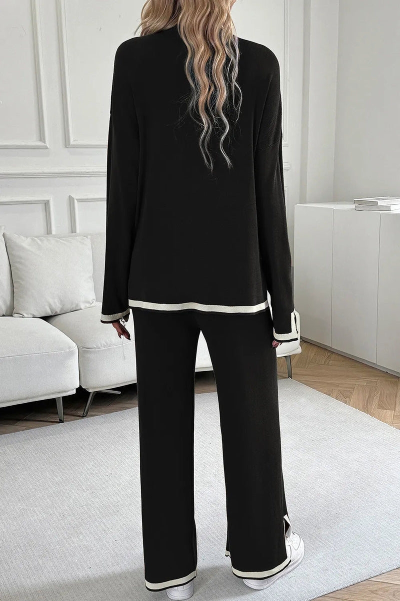 Set mit Kontrastbesatz: Rundhalsausschnitt - Oberteil und locker sitzende Hose - Livezo