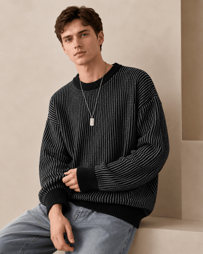 Textured Stripe Crewneck Sweater - Harren Cole