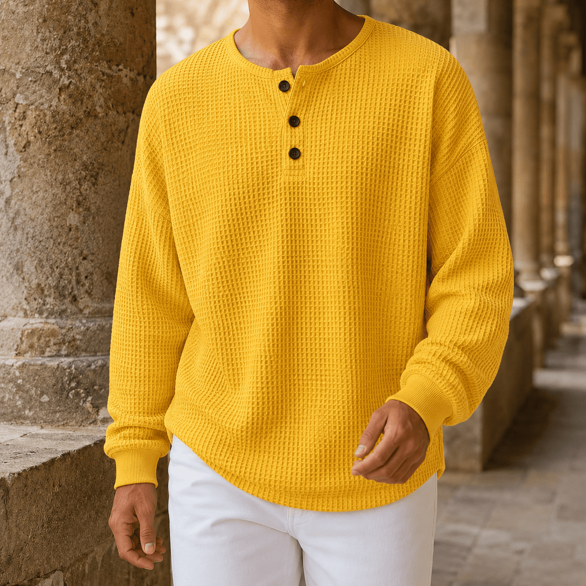 Waffle Knit Henley Sweater Relaxed Fit - Harren Cole