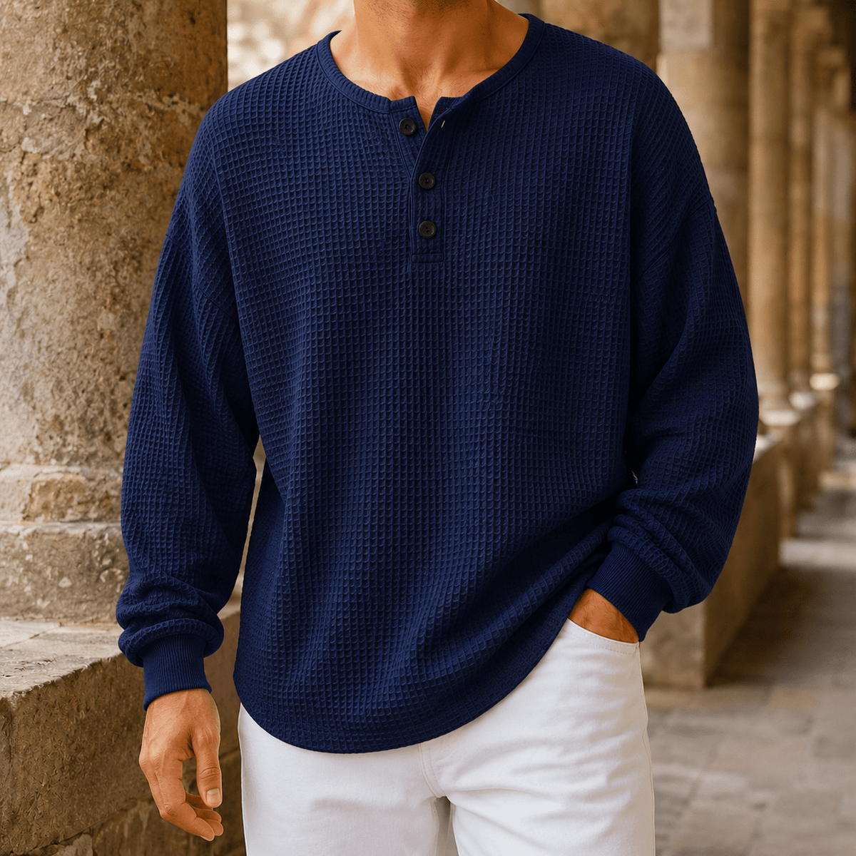 Waffle Knit Henley Sweater Relaxed Fit - Harren Cole