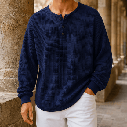 Waffle Knit Henley Sweater Relaxed Fit - Harren Cole