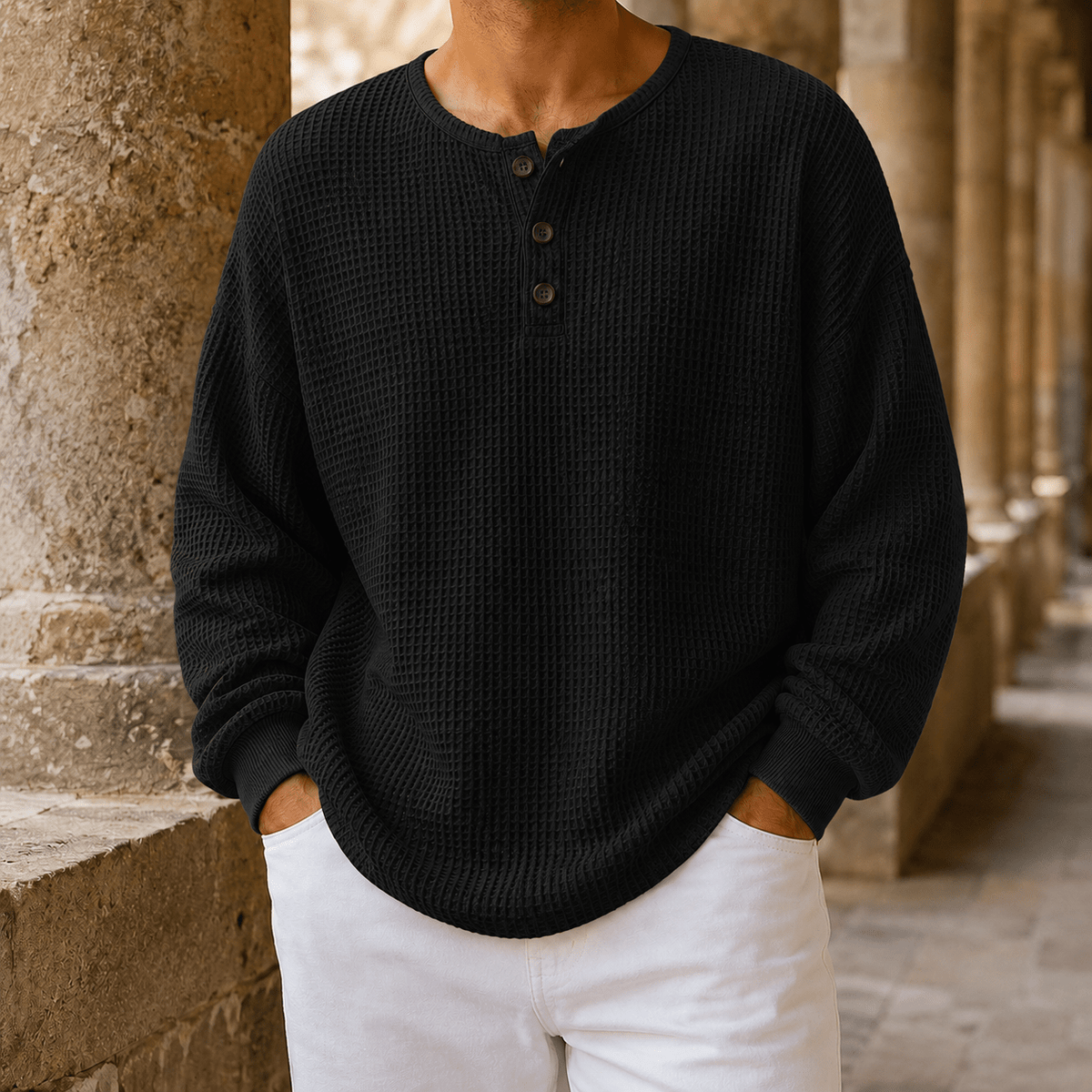 Waffle Knit Henley Sweater Relaxed Fit - Harren Cole