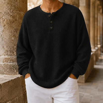 Waffle Knit Henley Sweater Relaxed Fit - Harren Cole