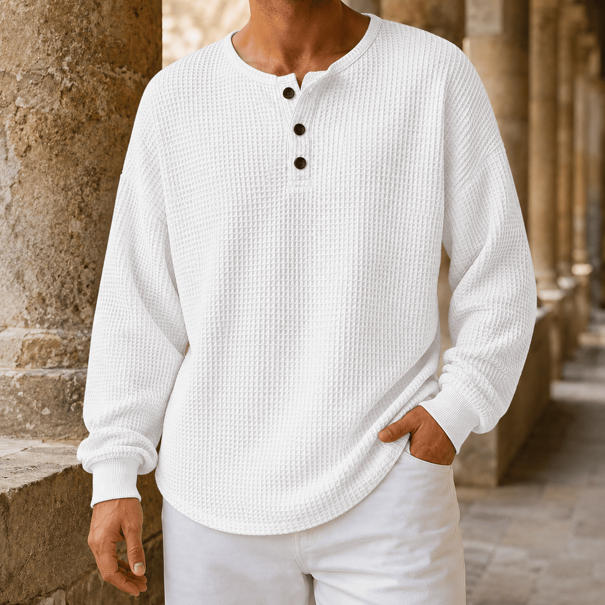 Waffle Knit Henley Sweater Relaxed Fit - Harren Cole
