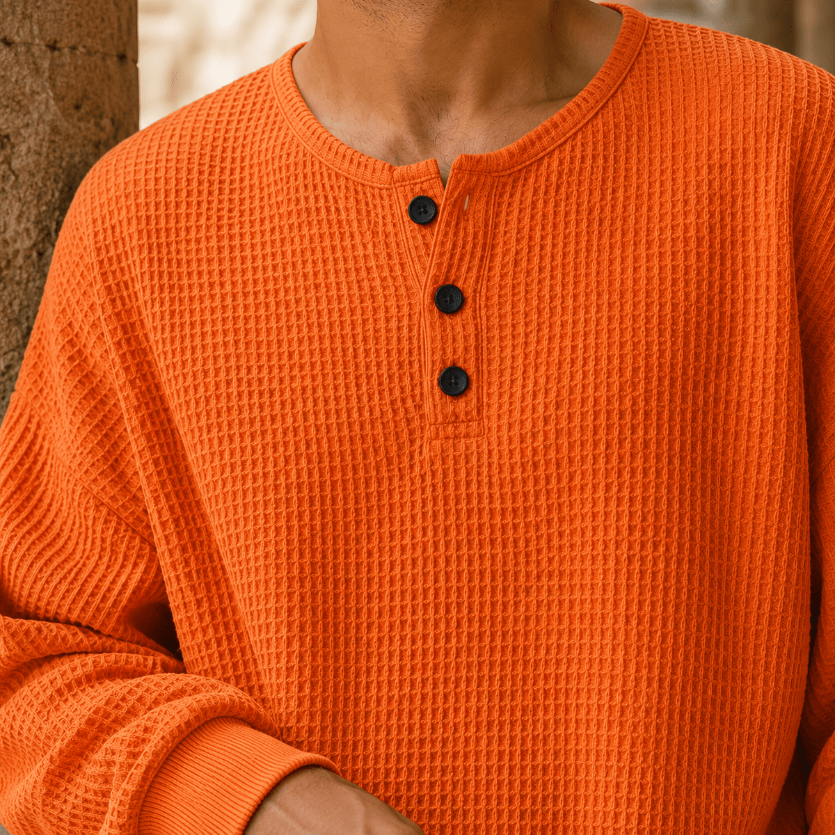 Waffle Knit Henley Sweater Relaxed Fit - Harren Cole