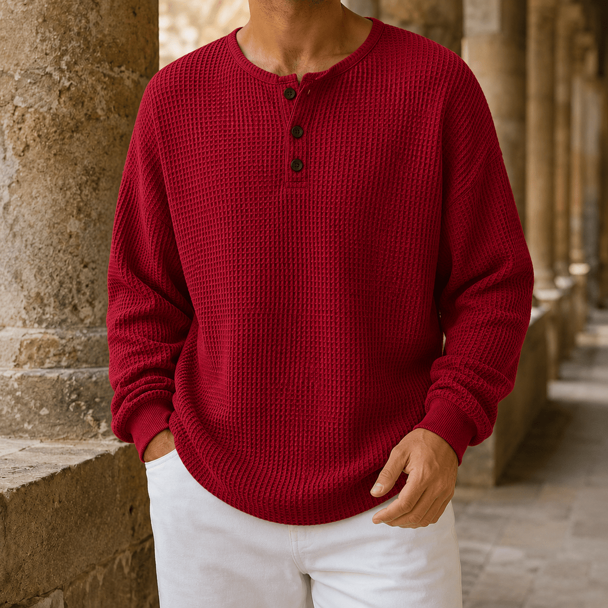 Waffle Knit Henley Sweater Relaxed Fit - Harren Cole