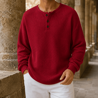 Waffle Knit Henley Sweater Relaxed Fit - Harren Cole