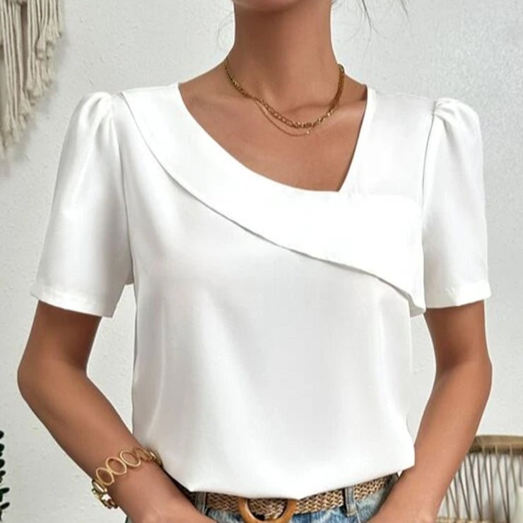 Weiße asymmetrische Bluse mit Puffärmeln und Kragen - Livezo