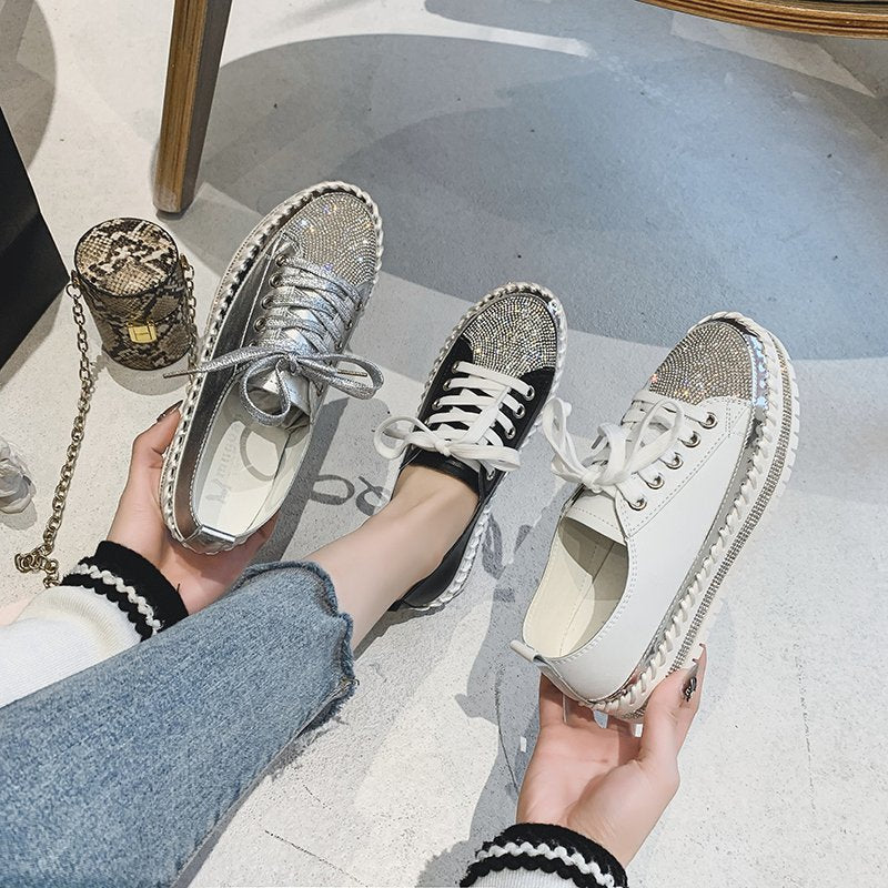 Zeitlose Diamant Silber Leder Sneakers - Livezo