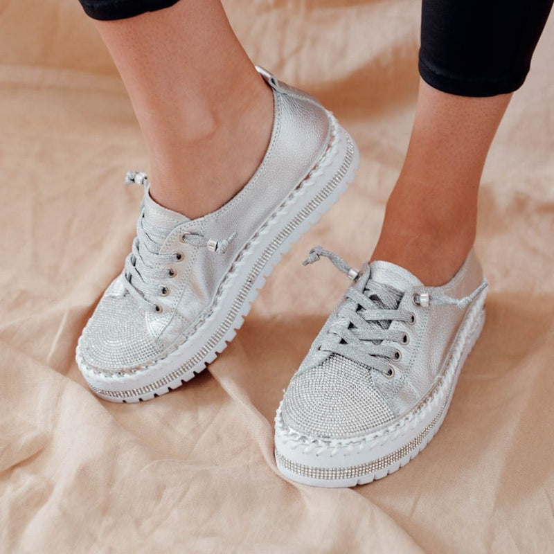 Zeitlose Diamant Silber Leder Sneakers - Livezo