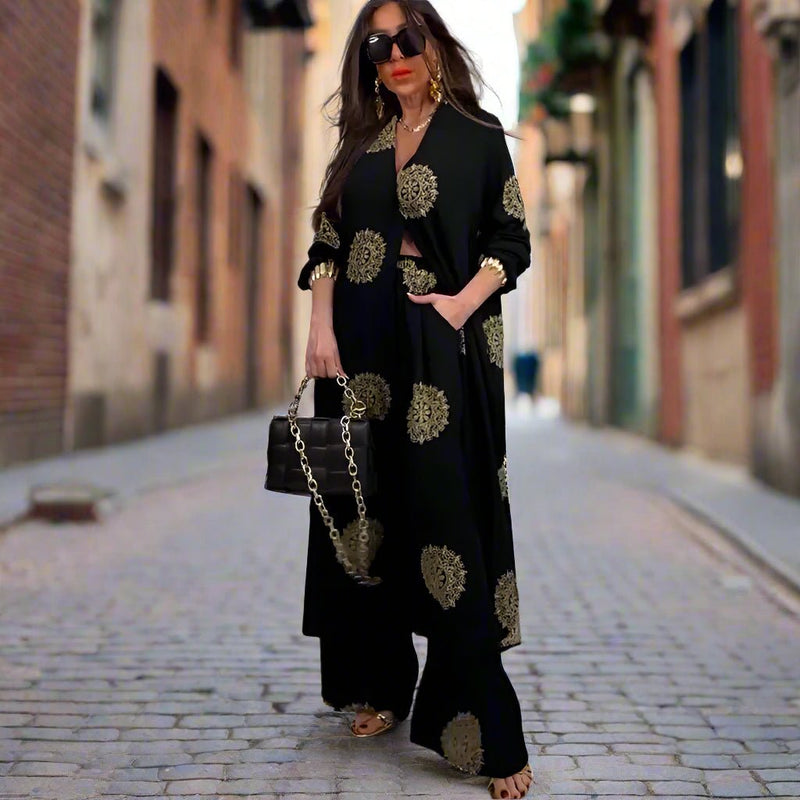 Zweiteiliger Anzug mit V - Ausschnitt, langem Mantel und geprägter weiter Hose - Livezo