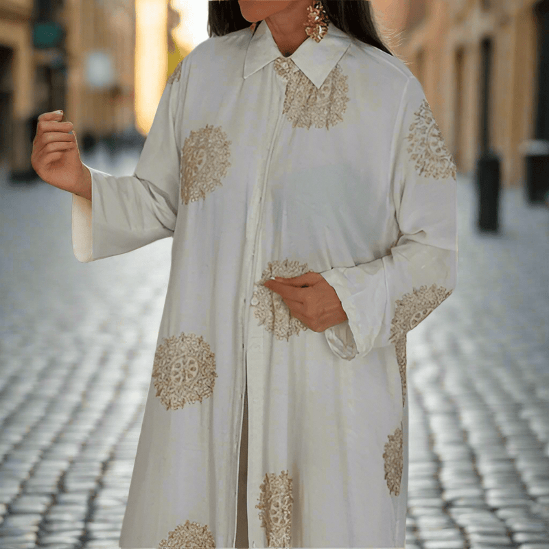 Zweiteiliger Anzug mit V - Ausschnitt, langem Mantel und geprägter weiter Hose - Livezo