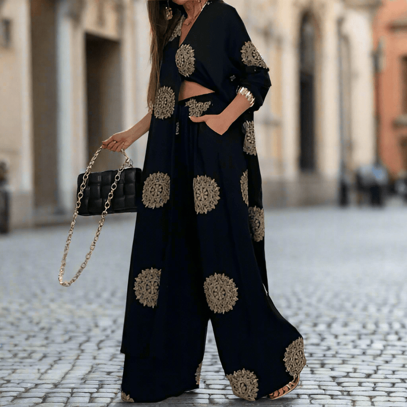 Zweiteiliger Anzug mit V - Ausschnitt, langem Mantel und geprägter weiter Hose - Livezo