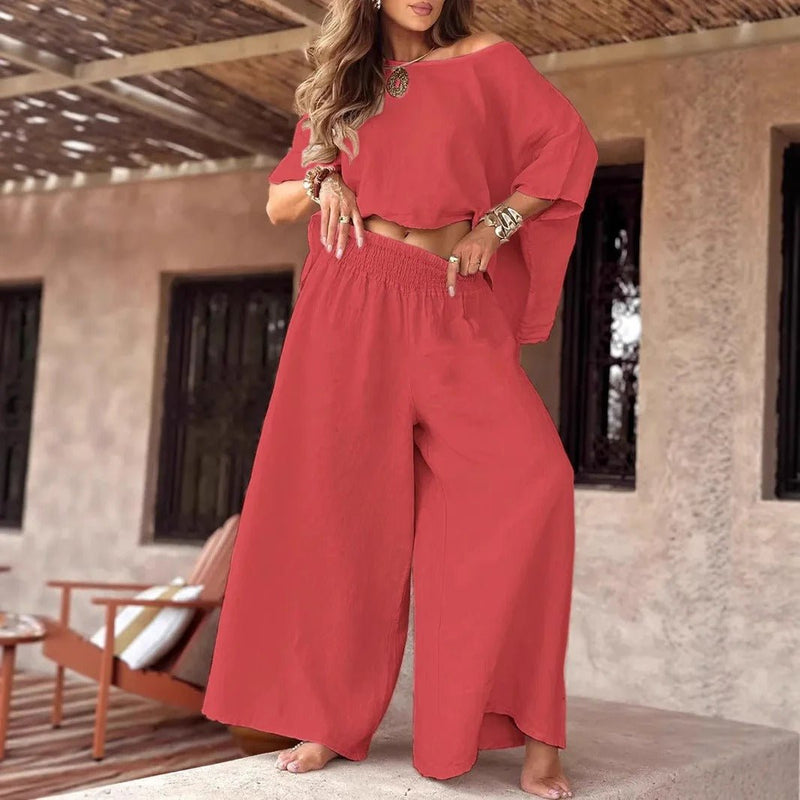 Zweiteiliges Off - Shoulder Set mit weitem Bein für den Sommer - Livezo