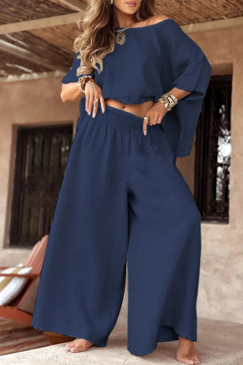 Zweiteiliges Off - Shoulder Set mit weitem Bein für den Sommer - Livezo